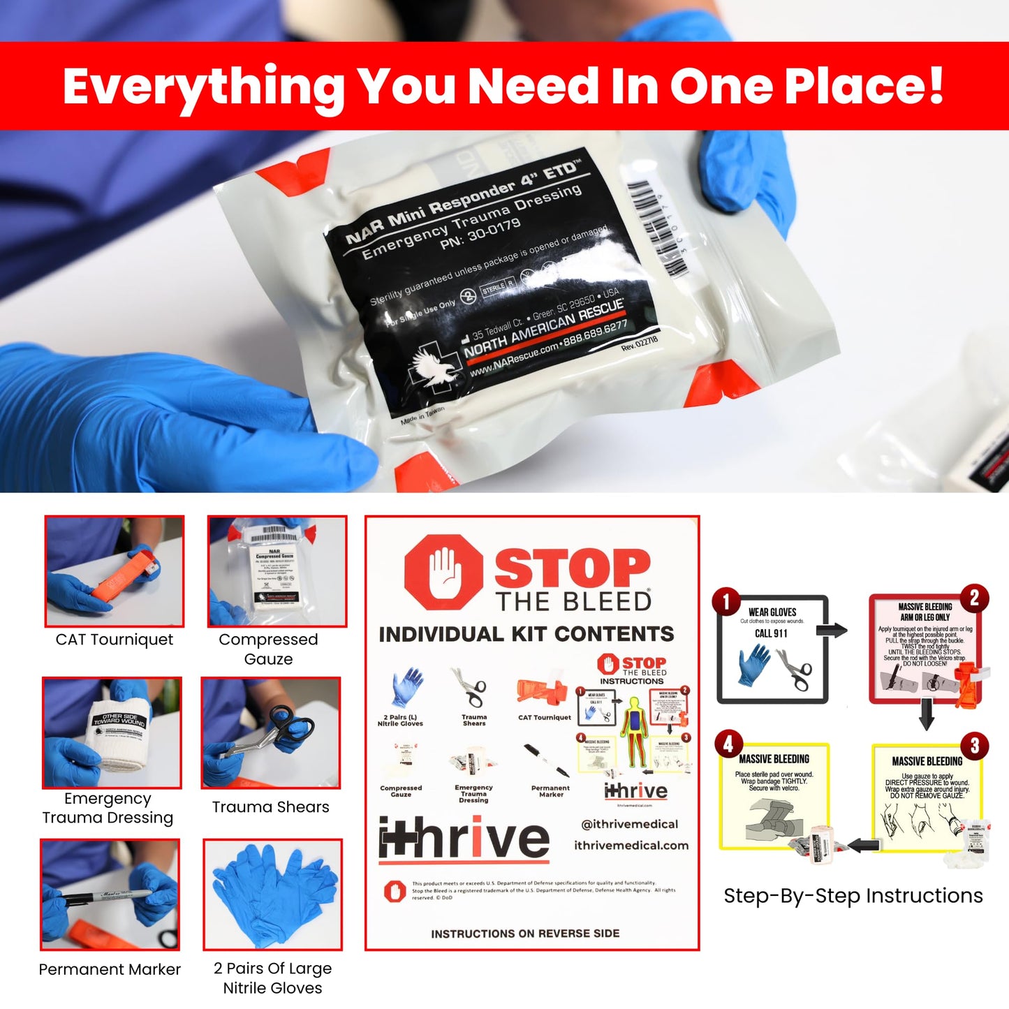 iThrive Medical - Stop The Bleed Trauma Kit - Bleeding Control Kit with CAT Tourniquet & Trauma Shears - Emergency First Aid Kit - Complete Individual First Aid Set (7 Pieces)