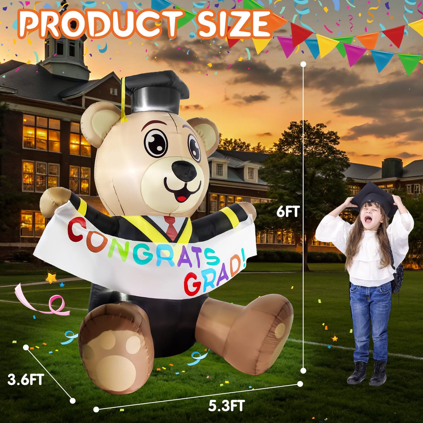 Boveco 6FT Graduation Inflatable Decoration Bear Blow Up Yard Decorations Bear with LED Lights Indoor & Outdoor Vacation Yard Garden Lawn Décor Commencement Season Graduation Ceremony