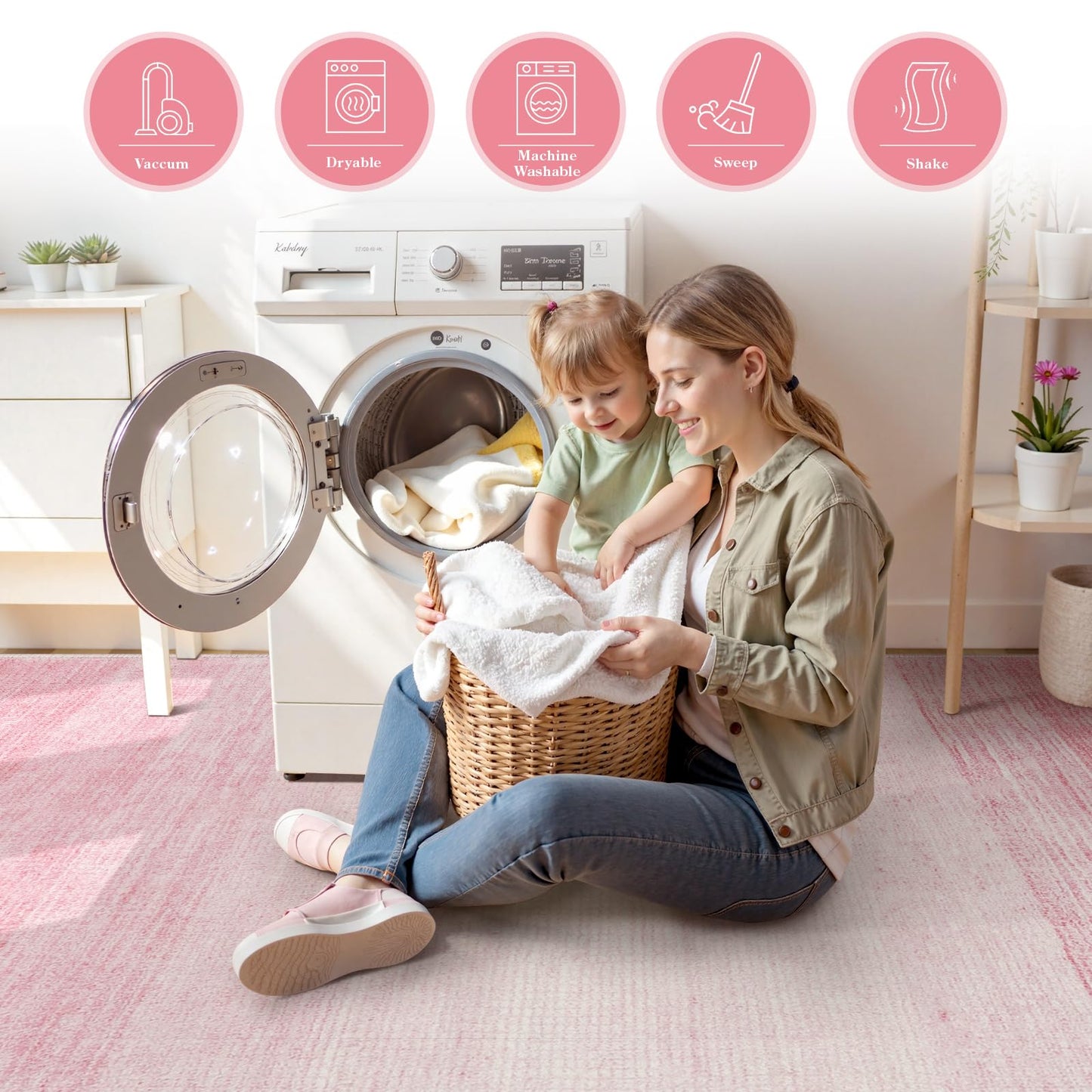 Wonnitar Washable 3x5 Area Rug, Pink Rugs for Bedroom Girls, Contemporary Ombre Nursery Soft Kids Room Rug, Modern Non-Skid Faux Wool Indoor Carpet for Bathroom Dorm Bedside (Pink,3'x5')
