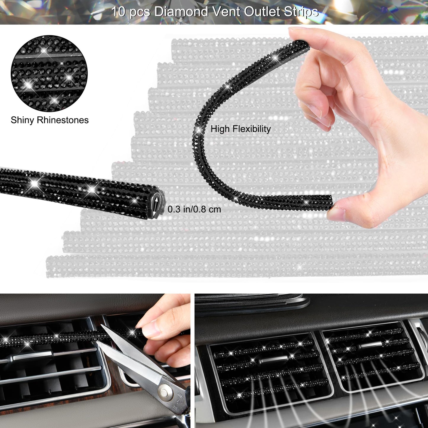 CAR PASS 30 PCS Bling Diamond Car Accessories Set for Women, Bling Steering Wheel Covers 15 Inch, Shining Rhinestone License Plate Frame, Sparkly Phone Holder, Cute Interior Set Decorations, Black