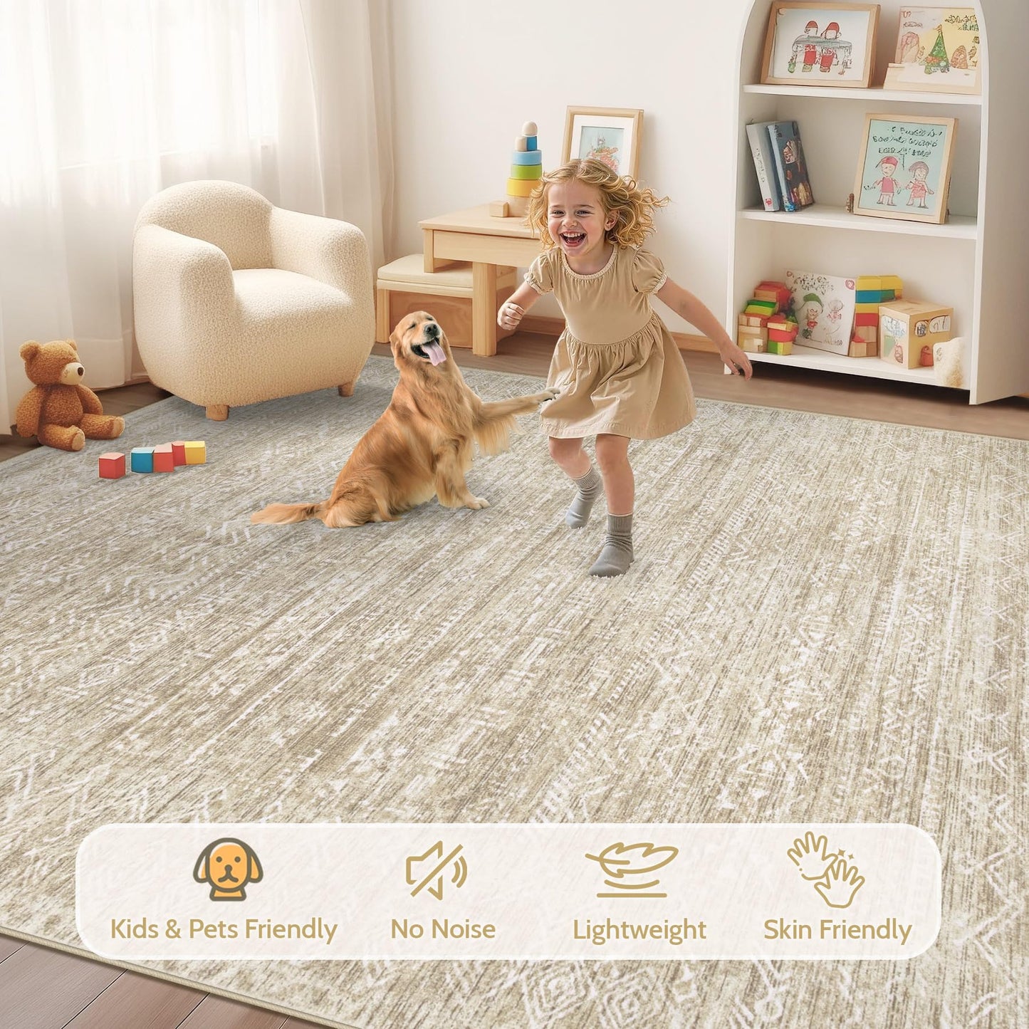Washable Rug 6x9 Area Rugs: Modern Geometric Rugs for Living Room Non Slip Soft Low Pile Moroccan Indoor Carpet for Bedroom Nursery Dining Room Home Office Children's Room (Beige, 6'x9')