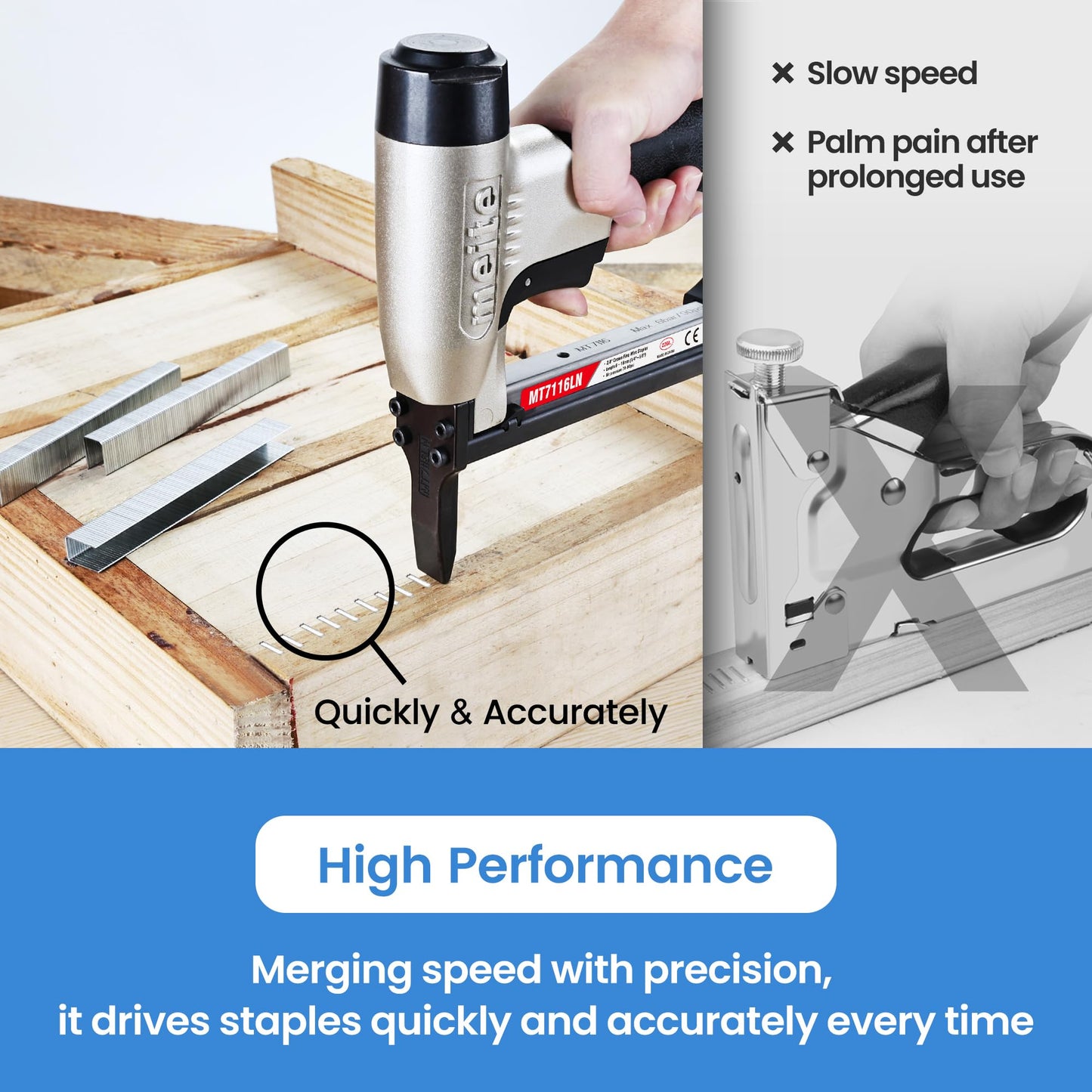 meite MT7116LN Pneumatic Upholstery Stapler 22 Gauge 71 Series 3/8" Crown 1/4" to 5/8" Length Long Nose Stapler