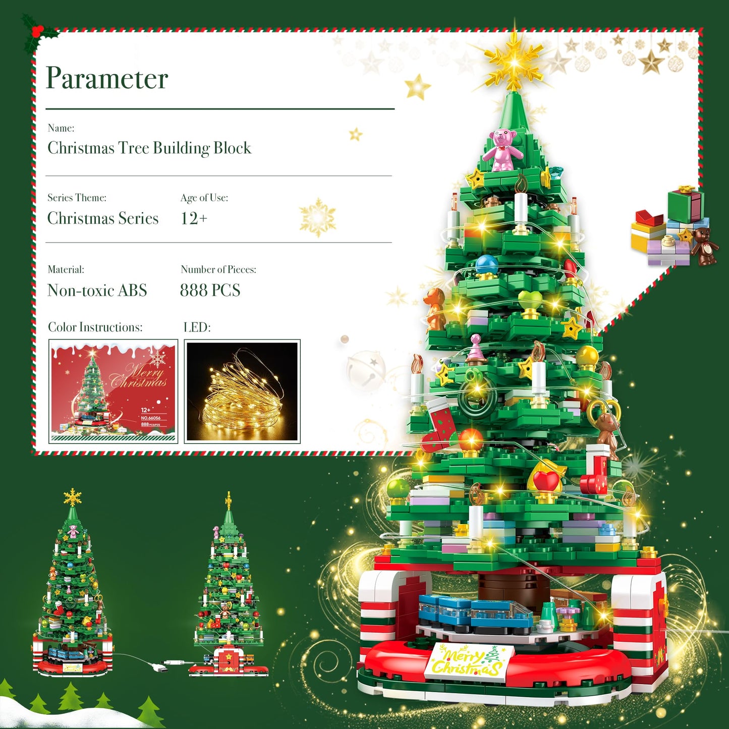 Christmas Tree Building Set for Kids, Christmas Tree 2025 Collectible Holiday Building Block Home Decor, Ornaments for Boys, Girls and Adults, 888Pcs, Deep Green