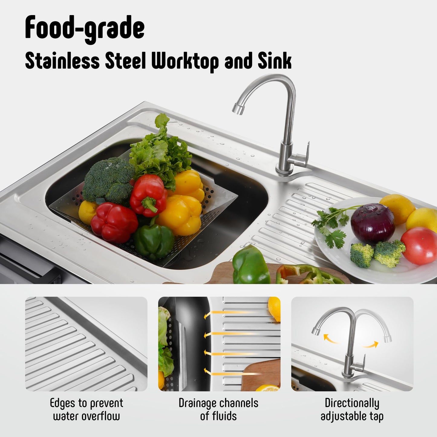 35” Outdoor Grill Cart with Sink, Outdoor Kitchen Sink Station with Hose Hook Up, Free Standing Sink with Wheels, 304 Stainless Steel Sink with Single Bowl, Outdoor Utility Sink with Faucet