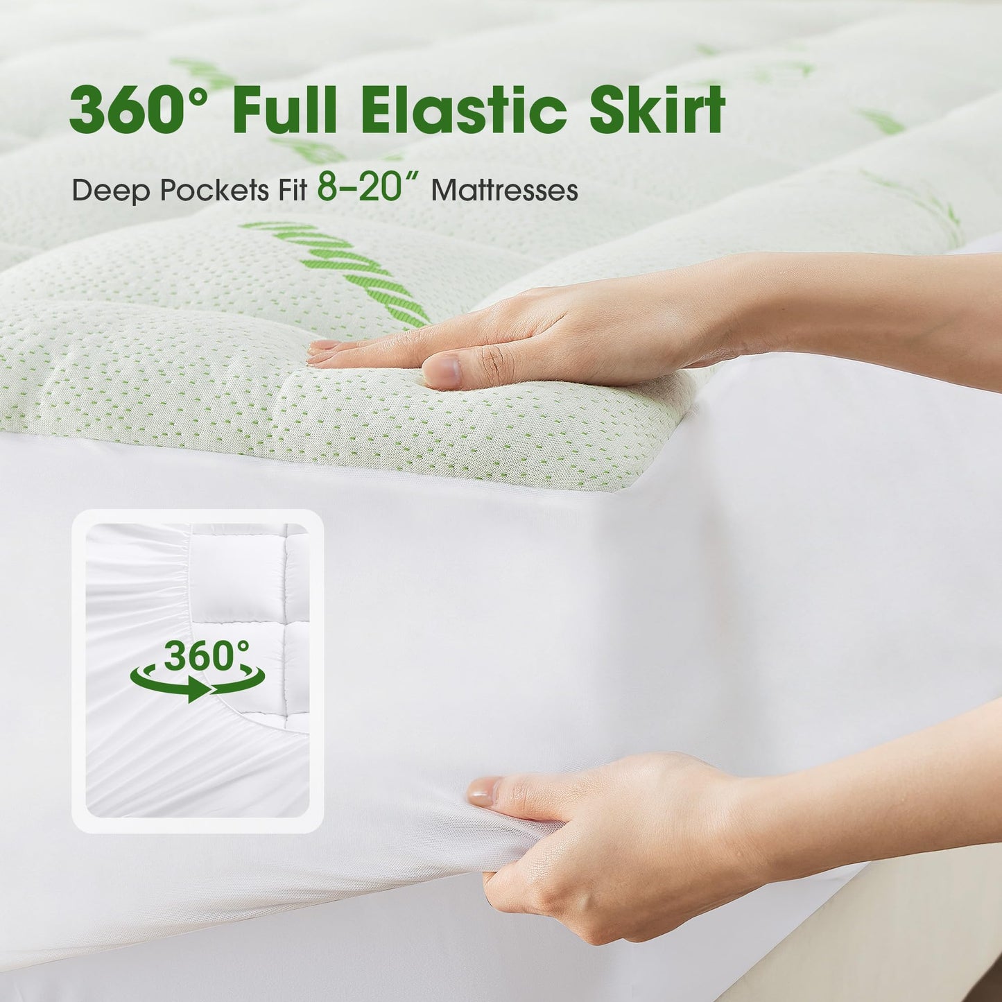 Mattress Pad King Size, Cooling Pillow Top Mattress Topper, Ultra Soft Viscose Made from Bamboo, Breathable for Hot Sleepers, Deep Pocket 8"-20", Green