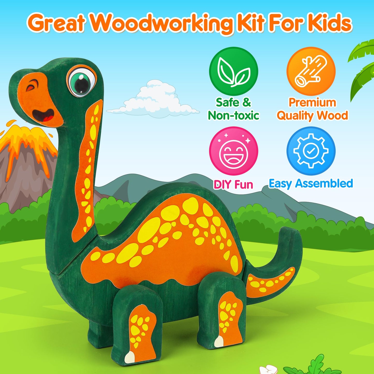 Mocoosy Wooden Dinosaur Painting Art and Craft Kit for Kids 3-5, Build & Decorate Your Own Dinos with Paint & Stickers, Wood Dinosaur Builder Game Montessoi Fine Motor Toy Gift Toddler Boys Girls 4-8