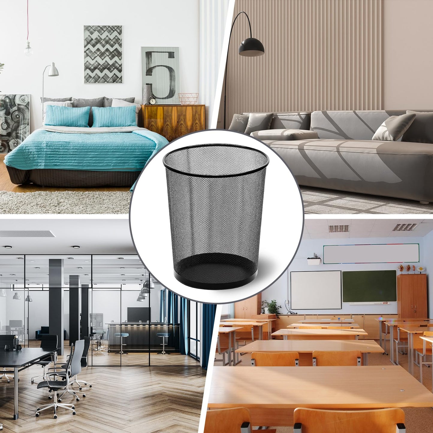 Zeyune 6 Pack Black Office Trash Can Bulk Mesh Trash Can 6 Gallon Metal Wire Mesh Waste Paper Basket Round Small Garbage Bin for Office Bathroom Home Bedroom Kitchen Dorm