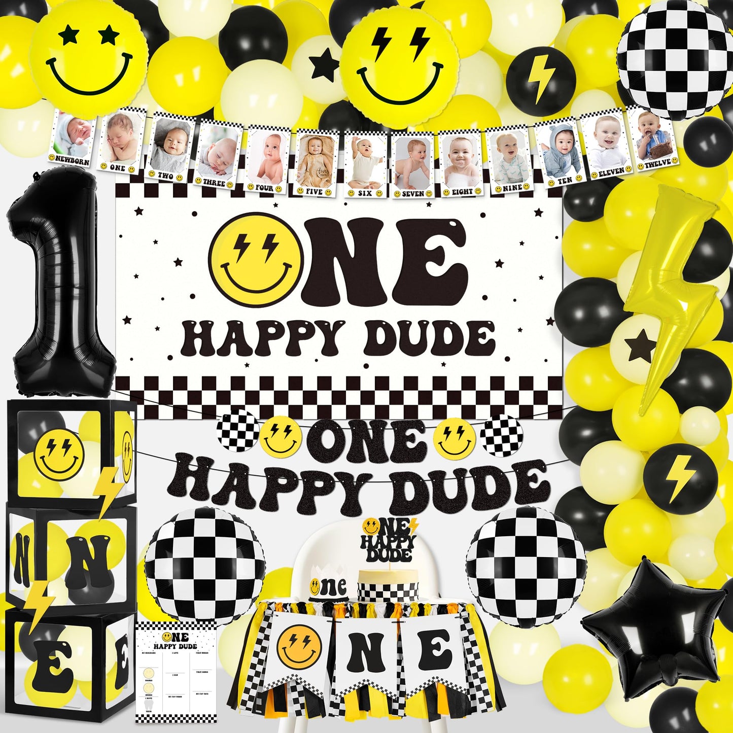 Kriyokiaa One Happy Dude 1st Birthday Decorations First Birthday Smile Face Balloons Arch High Chair Banner Backdrop Birthday Party Supplies Backdrops for Boy Girl