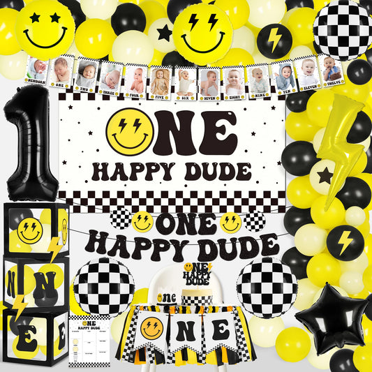 Kriyokiaa One Happy Dude 1st Birthday Decorations First Birthday Smile Face Balloons Arch High Chair Banner Backdrop Birthday Party Supplies Backdrops for Boy Girl