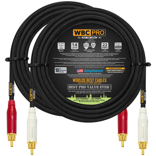 35 Foot RCA Cable Pair - WBC-PRO-LOCAP Low-Capacitance (14pF/ft) 22 AWG Ultra-Silent Audiophile & Professional-Grade Audio Interconnect Cable with Amphenol ACPR Gold RCA Plugs & Black Tweed Jacket