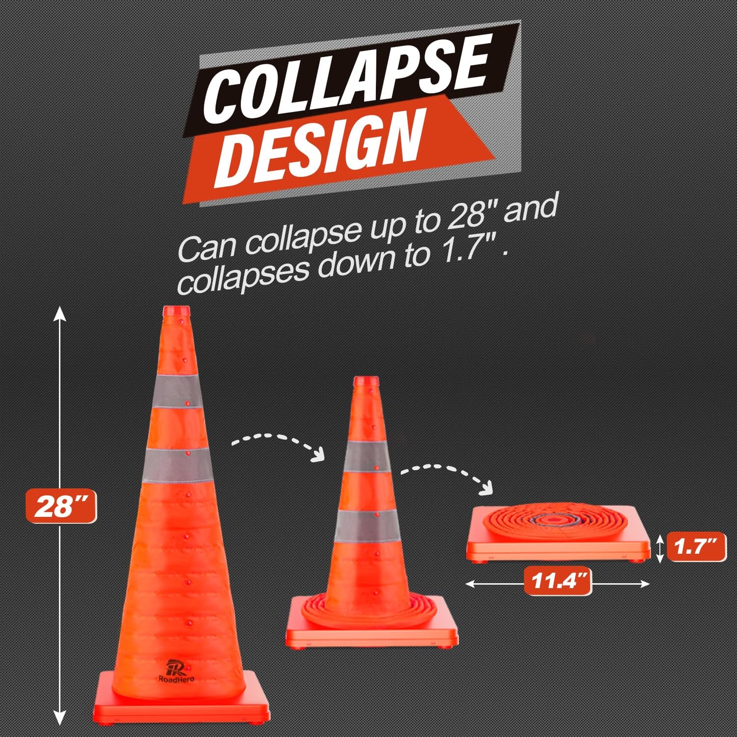 RoadHero 28 Inch 4 Pack Collapsible Traffic Safety Cones, Multi Purpose Pop-up Cones with Reflective Collar for Road Safety, Orange Cones for Driving Training, Parking Lots