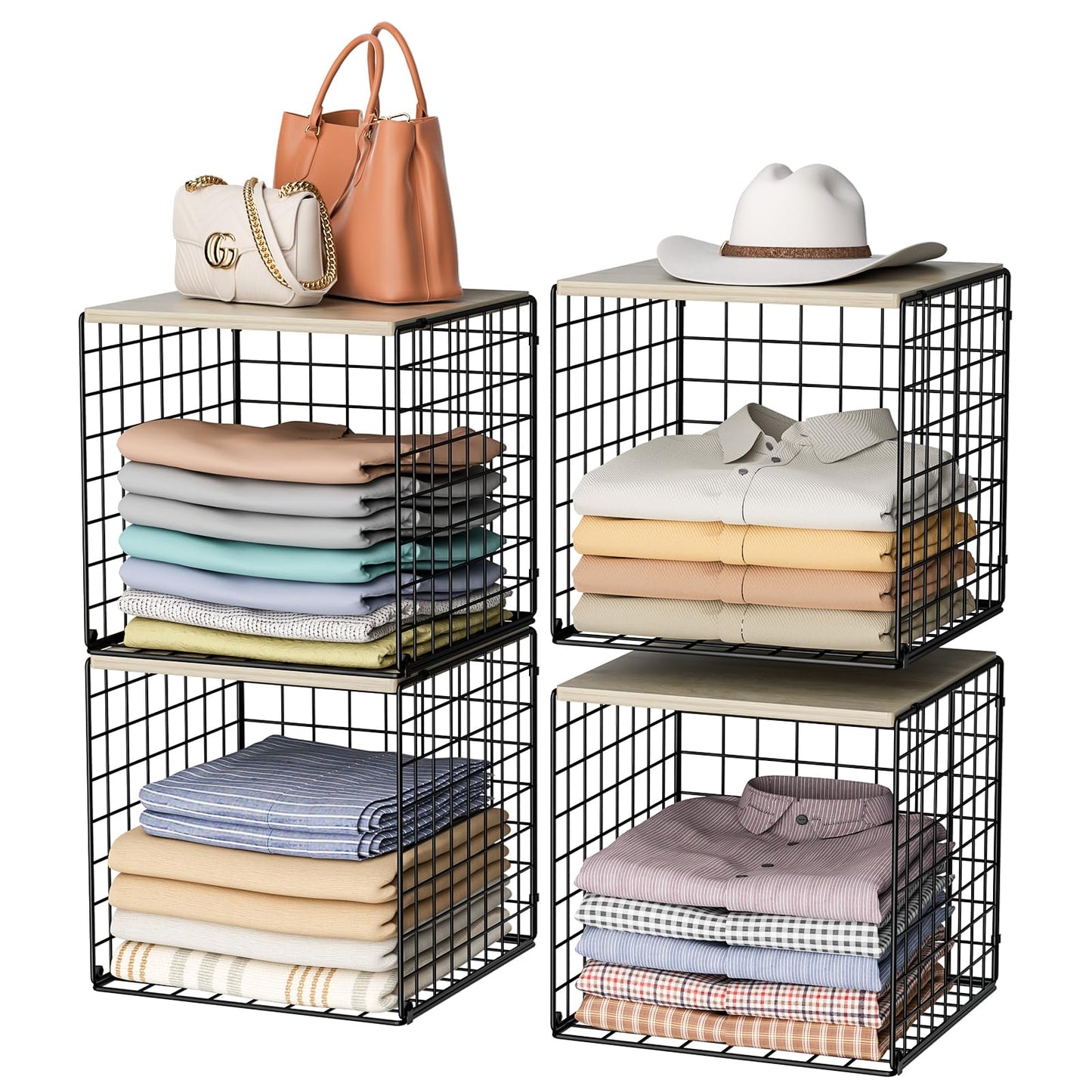 4-Tier Stackable Closet Organizers and Storage Basket, Shelves with Wood Top, Foldable Clothes Storage Bin/Cube Drawer Organizer for Wardrobe, Space-Saving, Closet Organization,Black(Patent Pending) ﻿