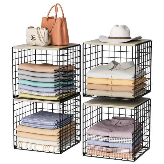 4-Tier Stackable Closet Organizers and Storage Basket, Shelves with Wood Top, Foldable Clothes Storage Bin/Cube Drawer Organizer for Wardrobe, Space-Saving, Closet Organization,Black(Patent Pending) ﻿