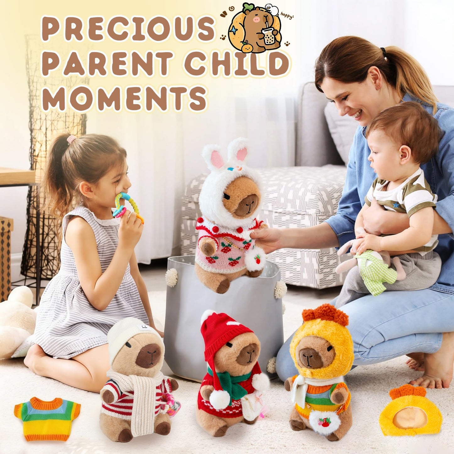 WAKSUN Capybara Plush for Boys Girls Birthday Dress Up Cute Plushies,10 Pcs Set,9 Clothes and Accessories Kawaii Stuffed Animal Plushie Toy, Soft Peluche Doll for Kids 10.2 in