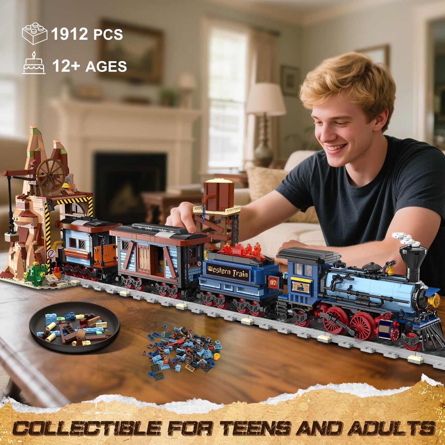 INSOON Western Train Building Set with Lights, 1912 PCS West Trains Static Display Model Toy with Tracks Windmill Water Tower, Home Office Decor Building Blocks for Adults Teens Big Boys Girls 12+