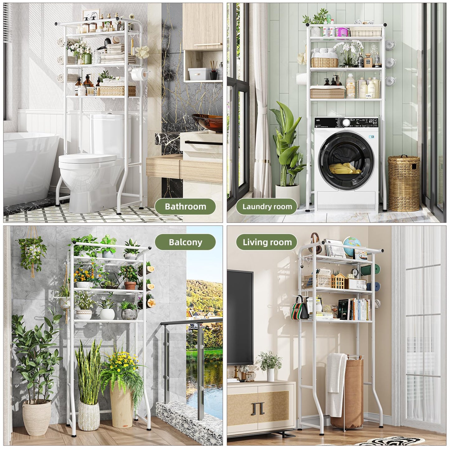 Simple Trending 3 Tier Over The Toilet Storage Rack, Metal Bathroom Shelf, Bathroom Stand Organizer Space Saver with Paper Holder and Hooks, White