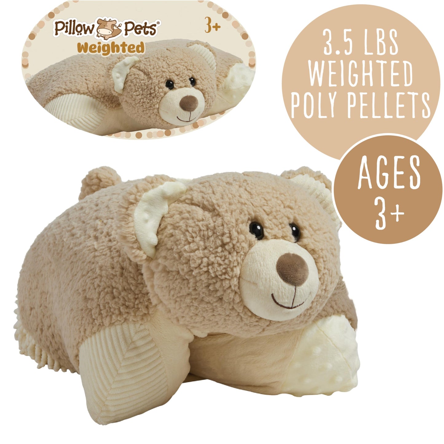 Pillow Pets Weighted Hiro Bear – 3.5 lb Sensory Plush Comfort Companion, Textured Fleece Weighted for Calming Hugs, Relaxation, and Sleep Support, Ages 3+