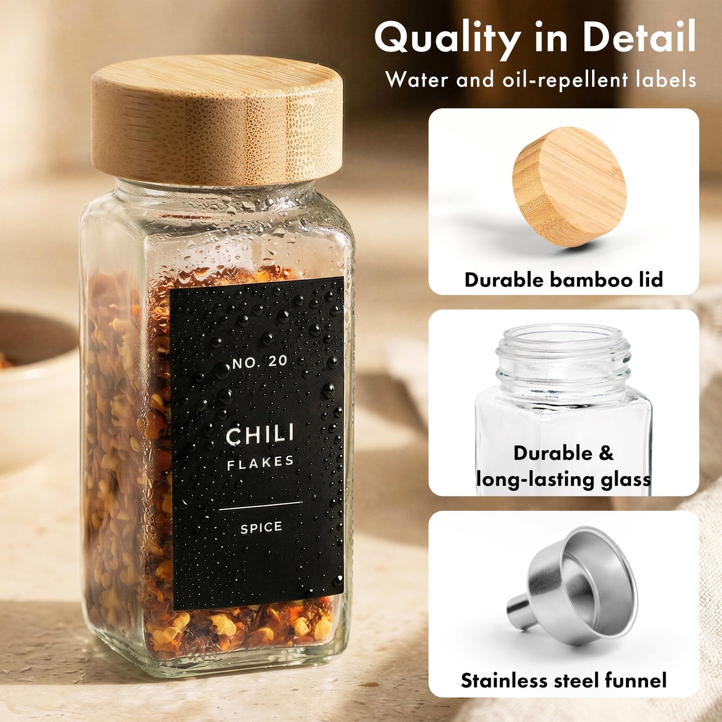 EDELHAUS® Square Spice Jars with Bamboo Wooden Lid (Pack of 36) Spice Jars with Shaker Insert and 240 Labels - Bamboo Lid Glass Container for Spice Organisation [4.3 in × 1.8 in]