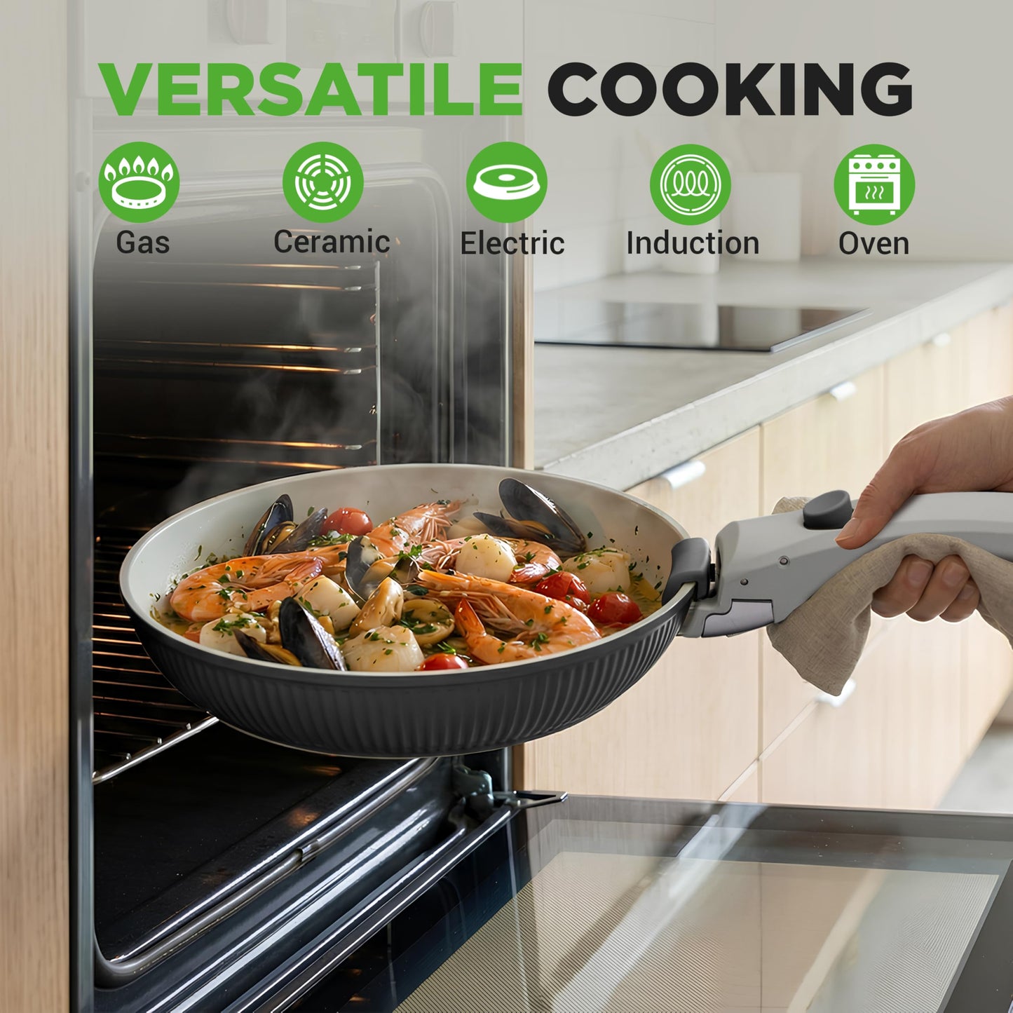 NutriChef 18-Piece Ceramic Cookware Set with Detachable Handles, Non Stick Pots and Pans, PTFE-Free Natural Ceramic Coating, Space-Saving Design, Oven & Stove Safe, Includes Utensils