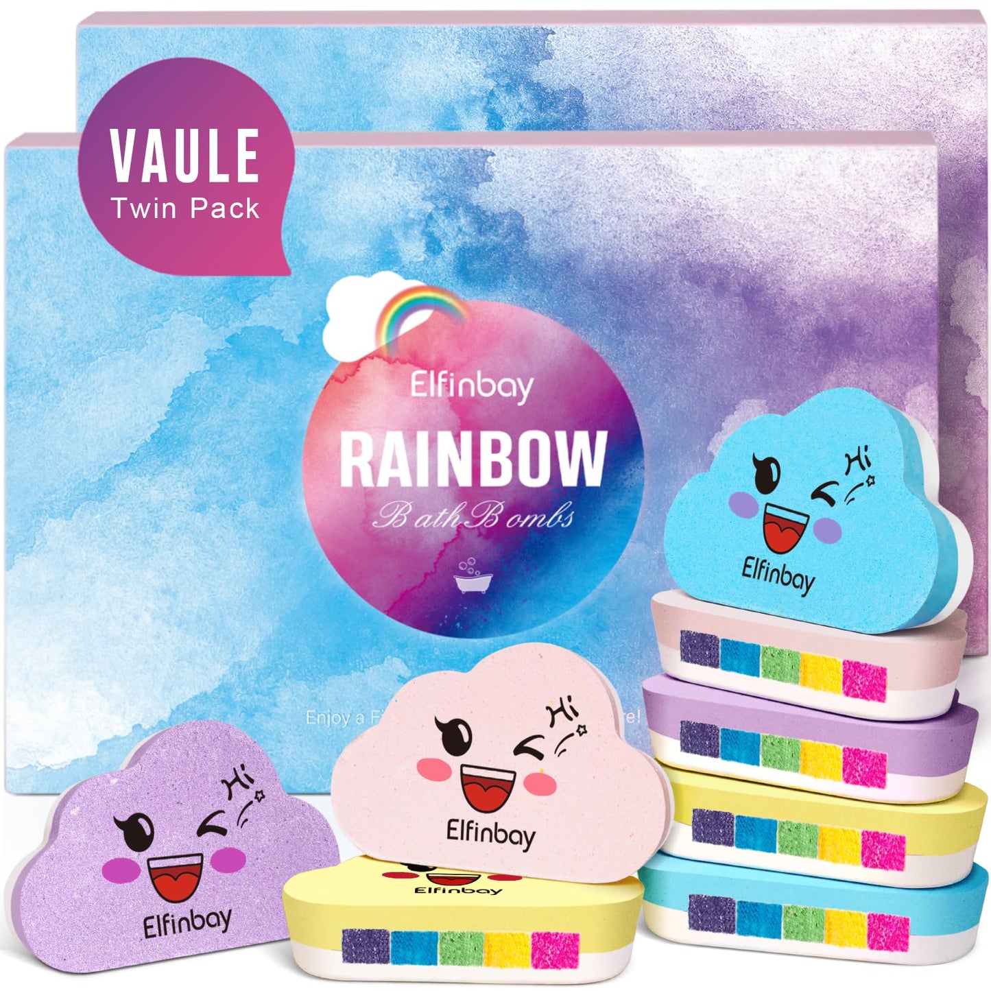 Elfinbay Rainbow Cloud Bath Bomb Gift Set, Bulk Kids Bath Bombs for Toddler Girls Individually Wrapped, Natural Bubble Bath Bombs for Kids Stocking Stuffers Halloween Christmas Birthday Gifts for Kids