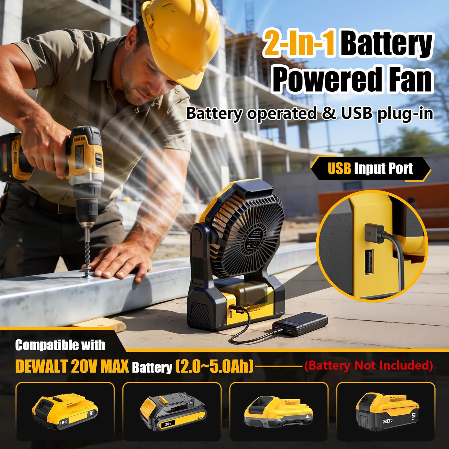 Battery Operated Fan for Dewalt 20V Max Battery, 5.7m/s High Speed Rechargeable Portable Fan with USB Powered & 4 Speed & 2 Light for Camping, Workshop, Garage, Jobsite (Not Included Battery) - Yellow