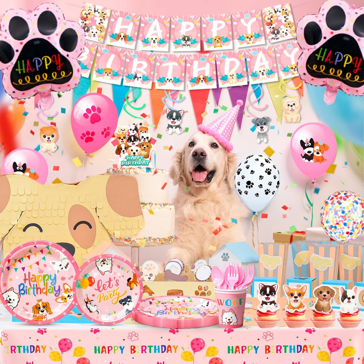 Pink Puppy Birthday Decorations Tableware for 16 Guests, Pink Puppy Plates Cups Napkins Dog Party Banner Balloons Cupcake Toppers etc Dog Birthday Party Supplies