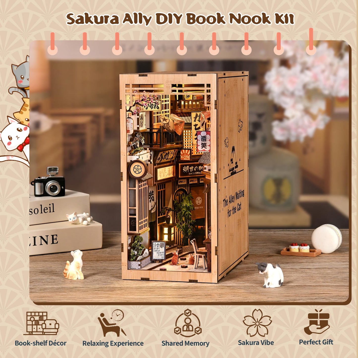 Soothee DIY Book Nook Kit, Japanese Alley Waiting for the Cat Theme, Wood Miniature Model with LED Lights, 3D Puzzle for Adults
