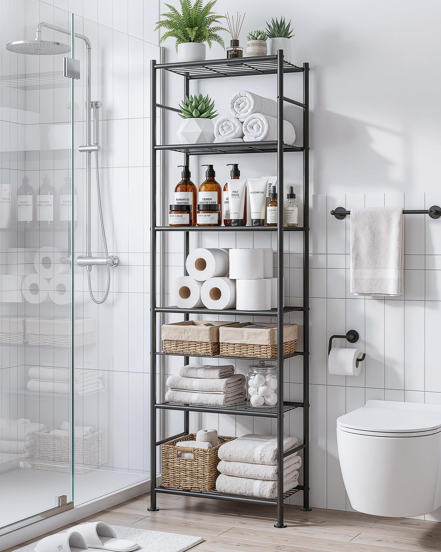Sakugi 6-Tier Metal Storage Shelves - Slim Shelf Organizer with Reinforced Side Bars, Spacious Storage for Kitchen, Bathroom, and Laundry Room Organization, 18.2" x 12.5" x 70.1", Black