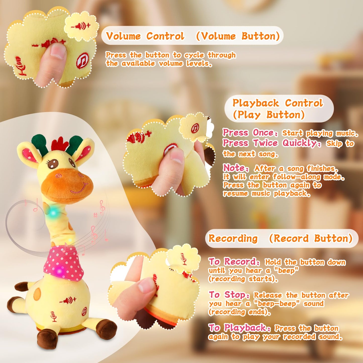 Dancing Giraffe Plush Toy, Cute Interactive Speaker Giraffe Gift for Girls Boys, Musical Toys for Baby Singing 10 Nursery Rhymes Repeat What You Say (Giraffe