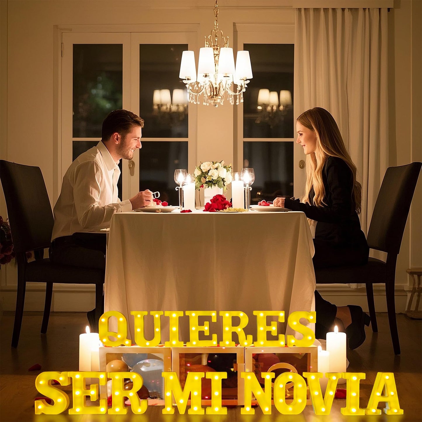 Quieres Ser Mi Novia Light Up Letters Proposing Decorations Set Includes 14 LED Light Letters and 1000 Rose Petals Valentine's Day Ornaments