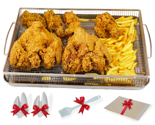 Air Fryer Basket for Oven Accessories Kitchen Dishwasher Safe Easy To Clean Use Healthy Silver Square Non Stick Pan Sturdy Extra Thick Wire Baking Rack Bacon Stainless Steel Tray Cooking 360° Airflow