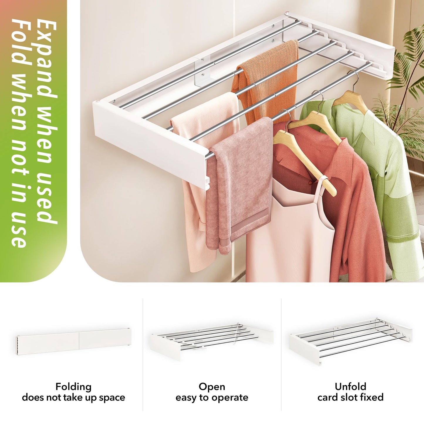 ZdwCyl Wall Mounted Drying Rack,32 inches,Foldbale, Clothes Drying Rack,Laundry Drying Rack Wall Mount,Drying Rack Clothing Space Saver,Retractable,Collapsible,Folding Laundry Rack,White