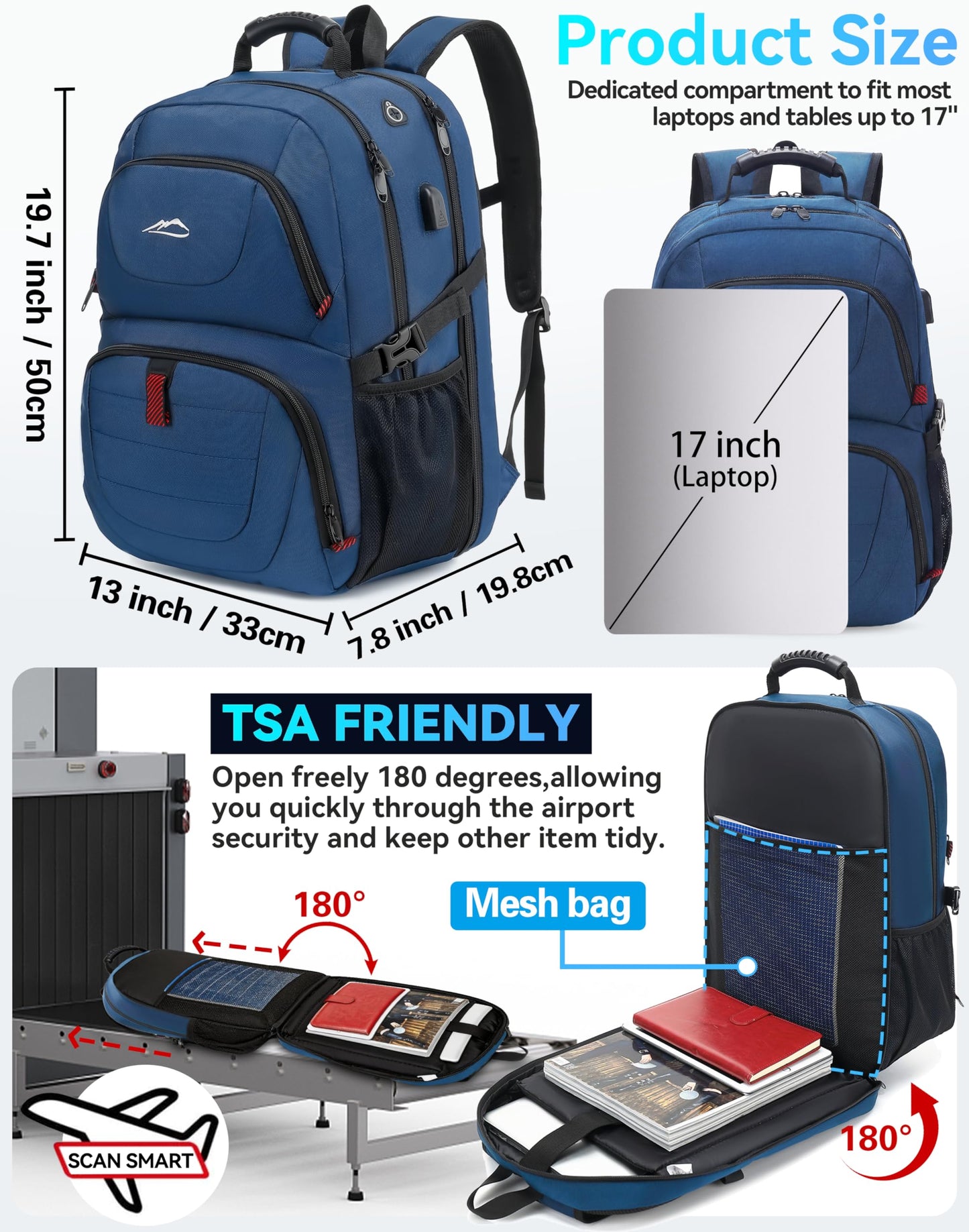 ProEtrade Travel Backpack, Extra Large Laptop Backpack School Business Anti Theft TSA Approved College Work Computer Bag Fits 17 Inch Laptop with USB Charging Port Bookbag for Women Men(Blue)