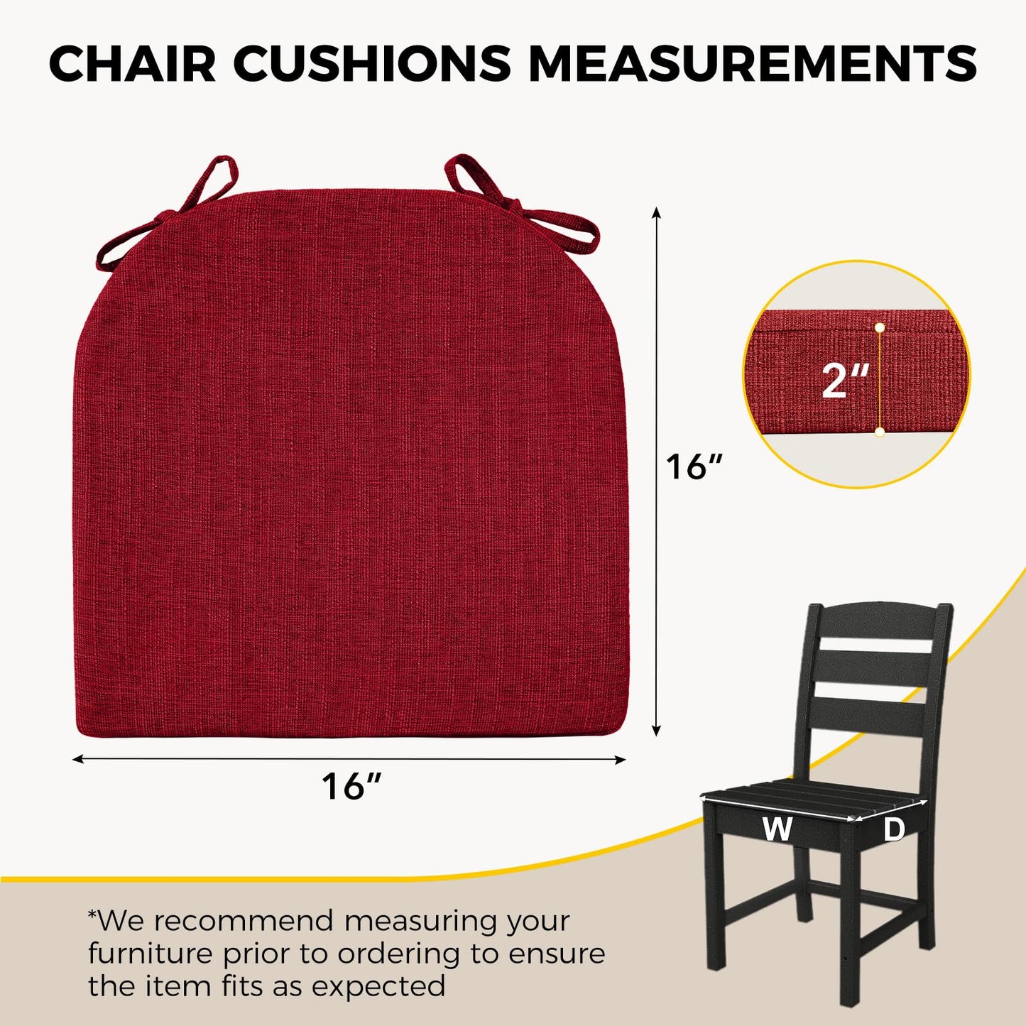 downluxe Indoor Chair Cushions for Dining Chairs, Soft and Comfortable Textured Foam Kitchen Chair Pads with Ties and Non-Slip Backing, 16" x 16" x 2", Red, 6 Pack
