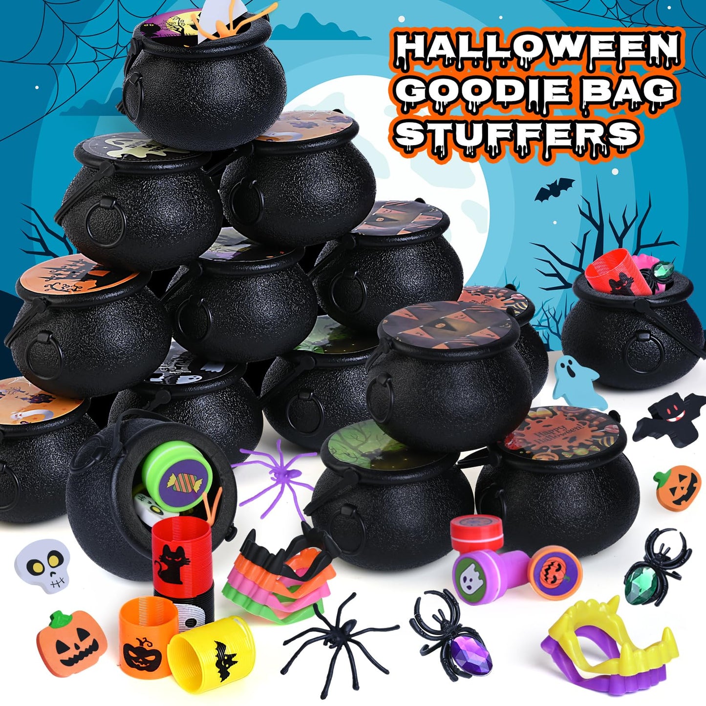 Letapapa 576 PCS Halloween Party Favors for Kids, 72 Pack Prefilled Small Plastic Witch Cauldron With Assorted Halloween Toy In Bulk, Miniatures for Kids Trick or Treat, Halloween Classroom Rewards