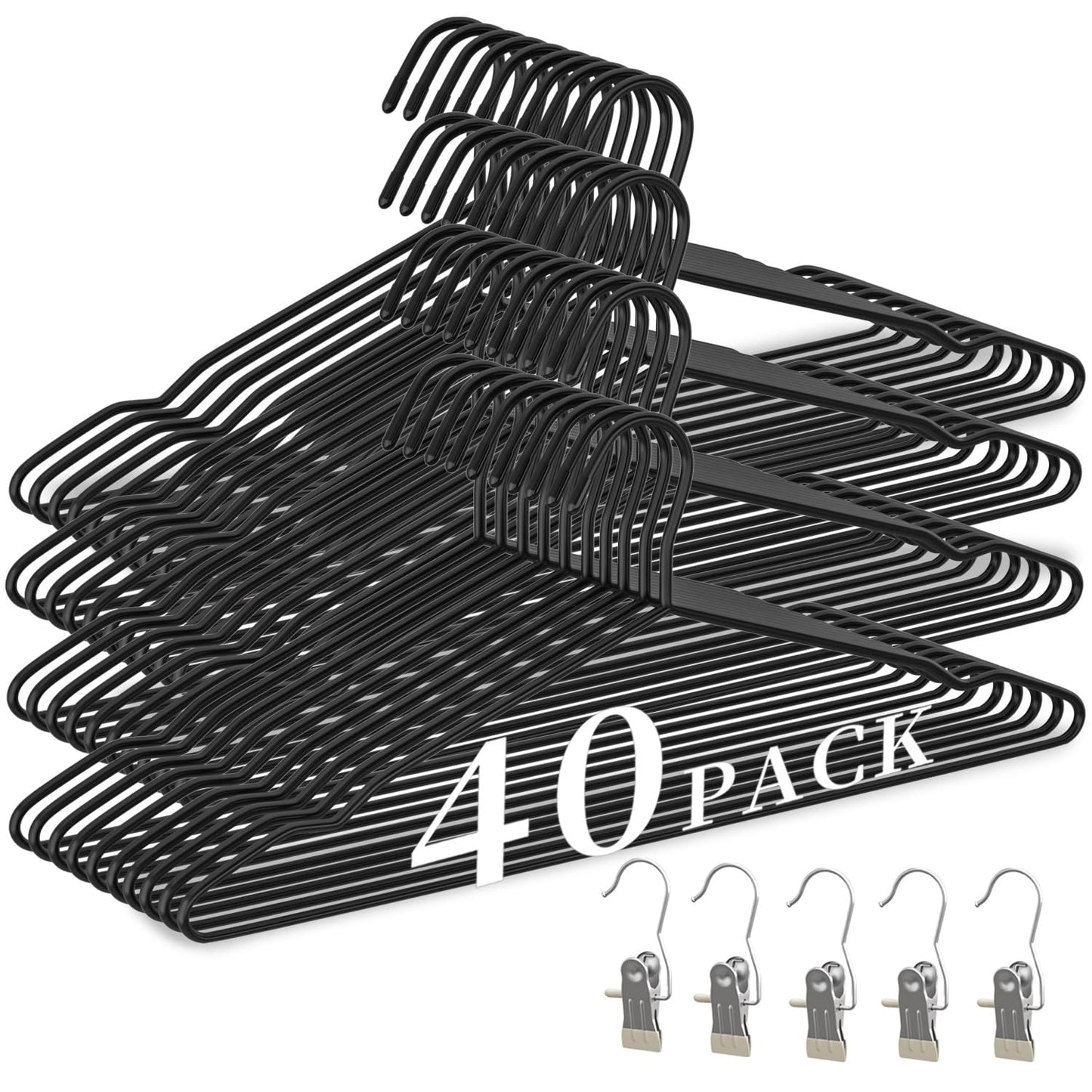 40Pack Heavy Duty Thickened and Reinforced Metal Hangers+5 Clothes Pins, Non-Slip Black Metal Hangers, Weight Capacity 50 lbs, Heavy Duty Hanger for Coats, Suits, Shirts, Dresses