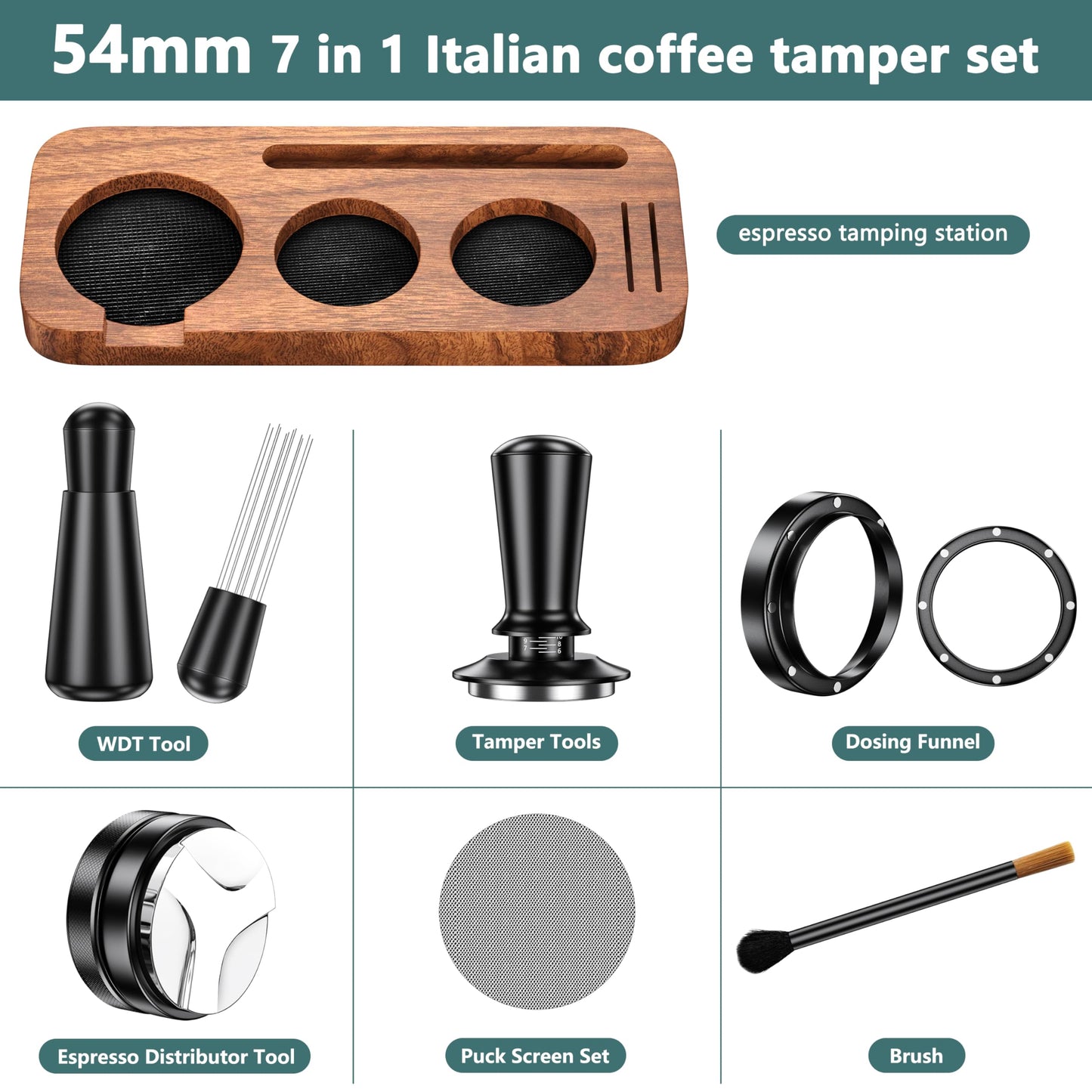 7 Pack Espresso Accessories Kit,54mm Espresso Tool Kit | Espresso Tamping Station | Coffee Distributor Tamper | WDT Tool | Dosing Funnel | Expresso Puck Screen | Christmas Gift for Espresso Lovers