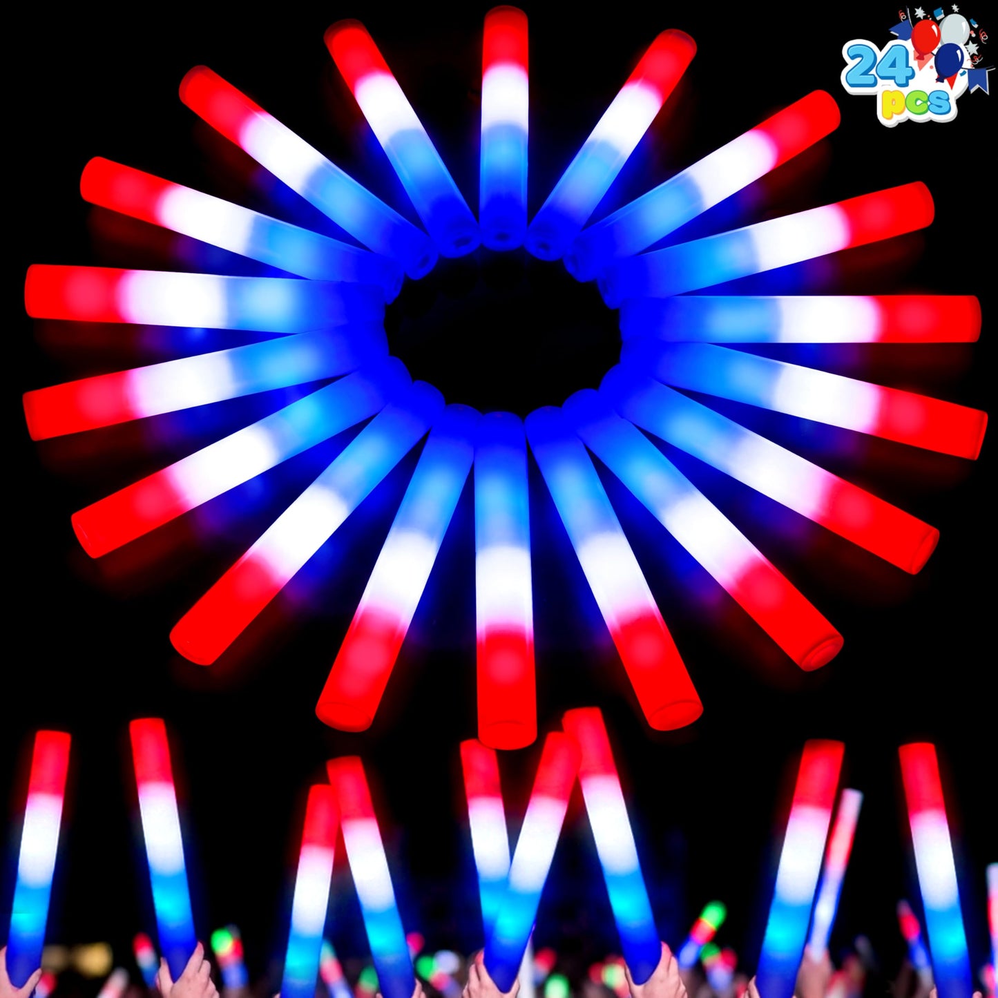 JOYIN 24Pcs July 4th Foam Glow Sticks, Red White Blue Patriotic LED Sticks with 3 Modes Flashing for Kid Adult, Glow in The Dark Party Favor Supplies for Independence Day Parade, Concert, Carnival