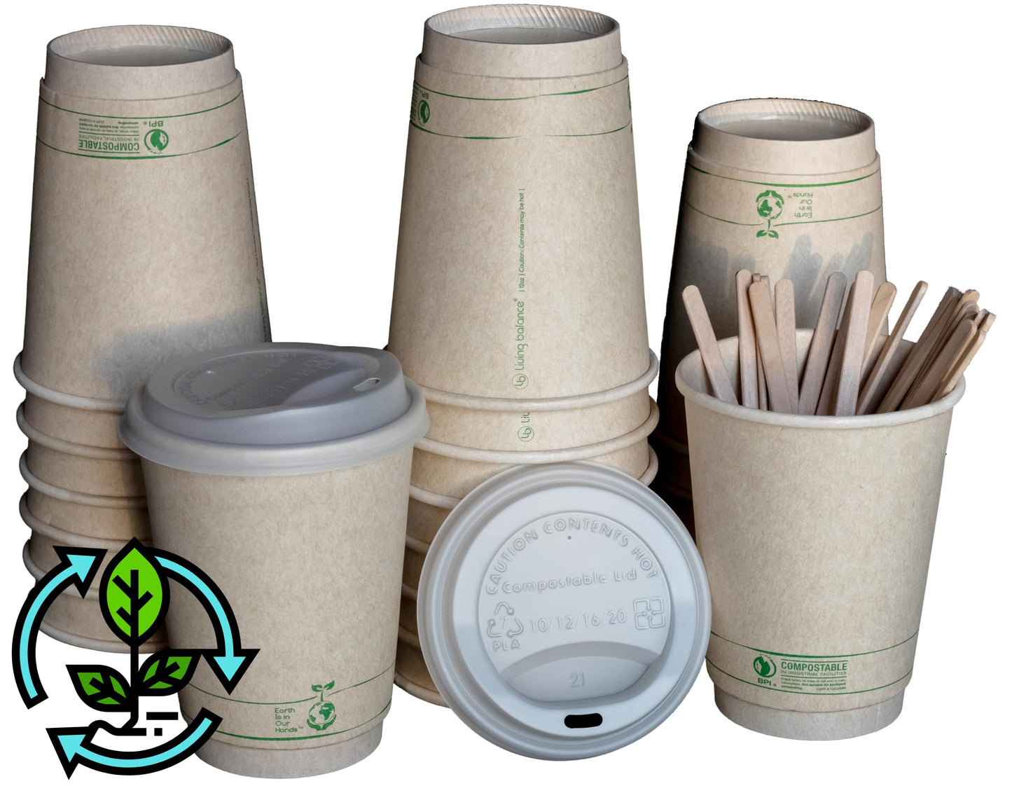 Certified Compostable Coffee Cups by Living Balance | 12oz - 100 cups with Compostable Lids, Stirrers, and Integrated Sleeves
