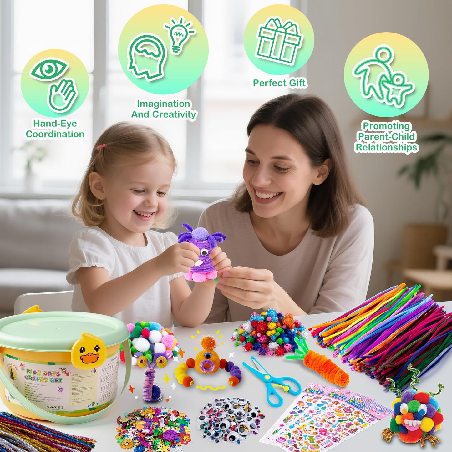 Sundaymot Kids Arts and Crafts Set with Pipe Cleaners, Pom Poms, Googly Eyes, Feathers, Craft Sticks, Glitter Paper, and Stickers