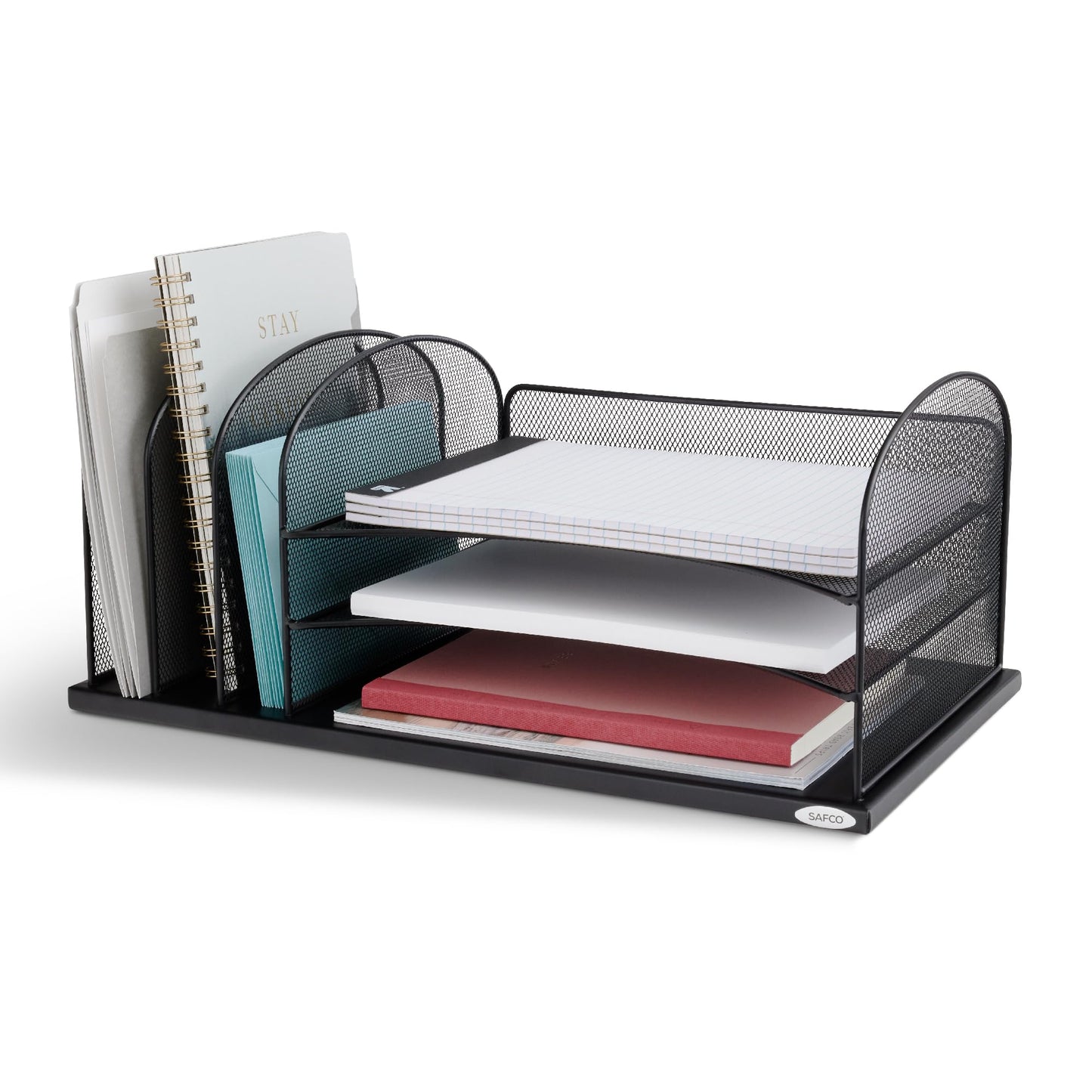 Safco Onyx Desk Organizer, 3 Vertical Compartments and 3 Trays, Office and Classroom Mailbox , Paper and Mail Sorter, Steel Mesh, Black