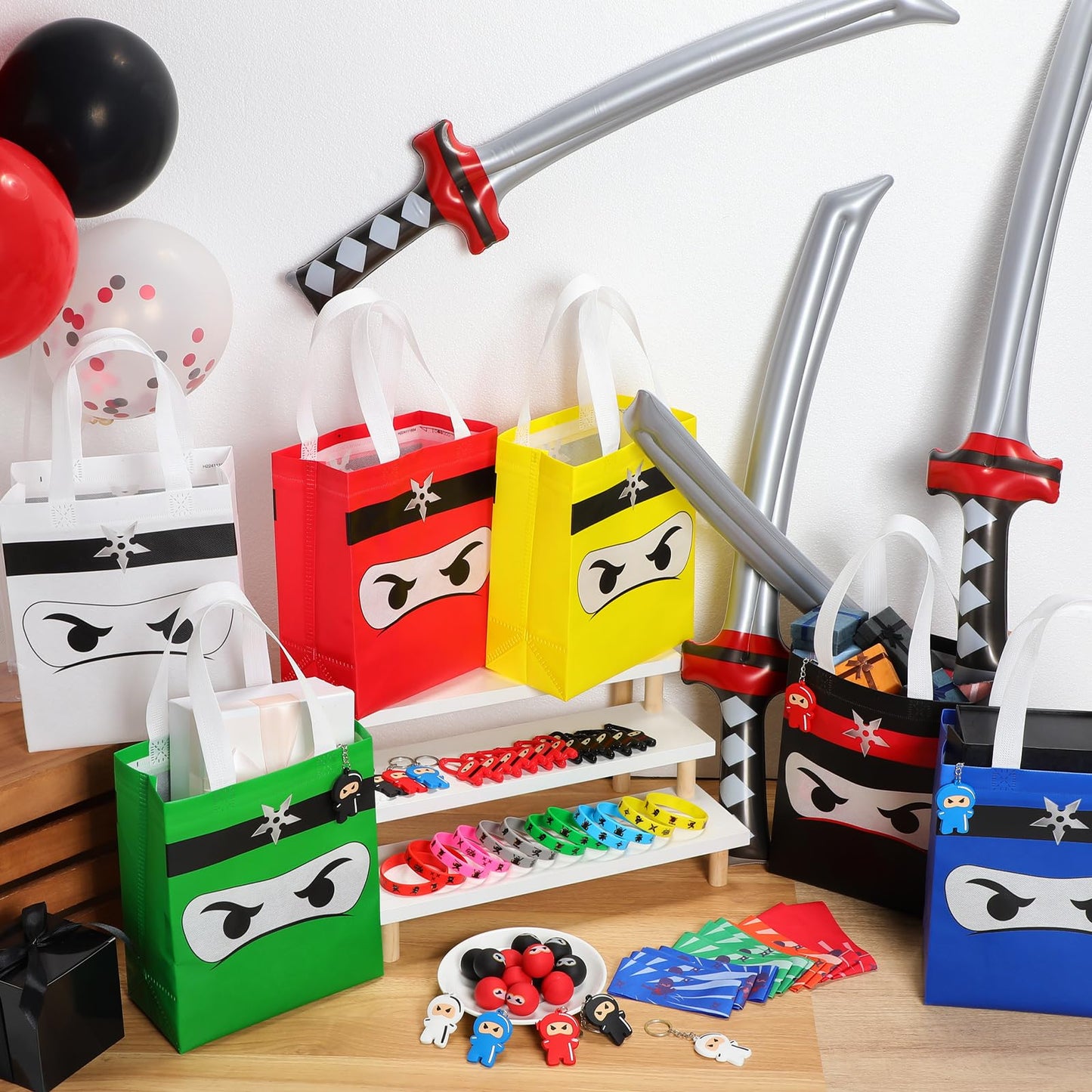 Seenelling 12 Guests 84 Pcs Ninja Party Favors Include Ninja Non Woven Bags Inflatable Toys Bouncy Balls Throwing Flying Slingshot Headbands Silicone Bracelets Keychains for Party Supplies