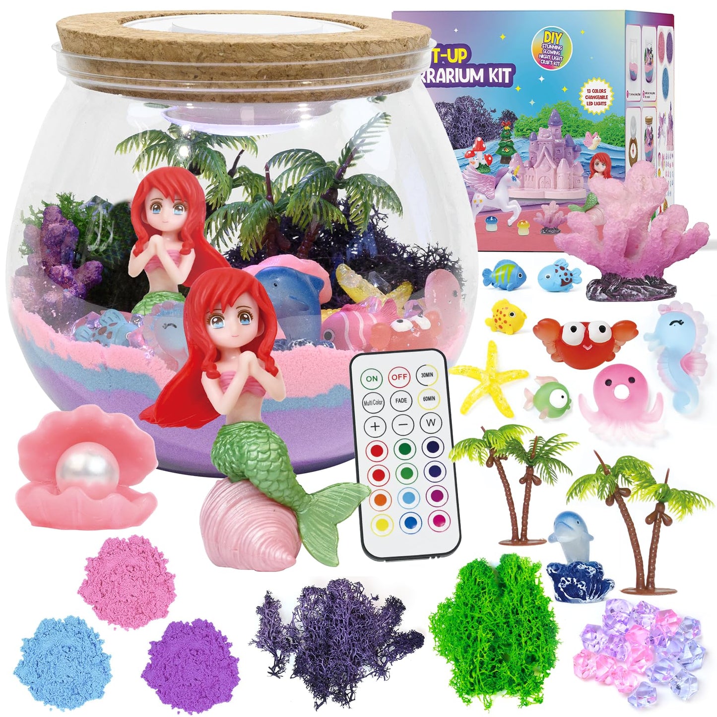 lonfypeng Mermaid Terrarium Kit - DIY Craft Kit for Girls Ages 4-12 - LED Night Light & Remote Control - Fantasy Themed Science Kit