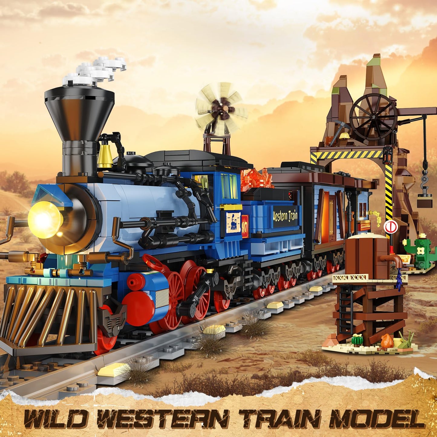 INSOON Western Train Building Set with Lights, 1912 PCS West Trains Static Display Model Toy with Tracks Windmill Water Tower, Home Office Decor Building Blocks for Adults Teens Big Boys Girls 12+