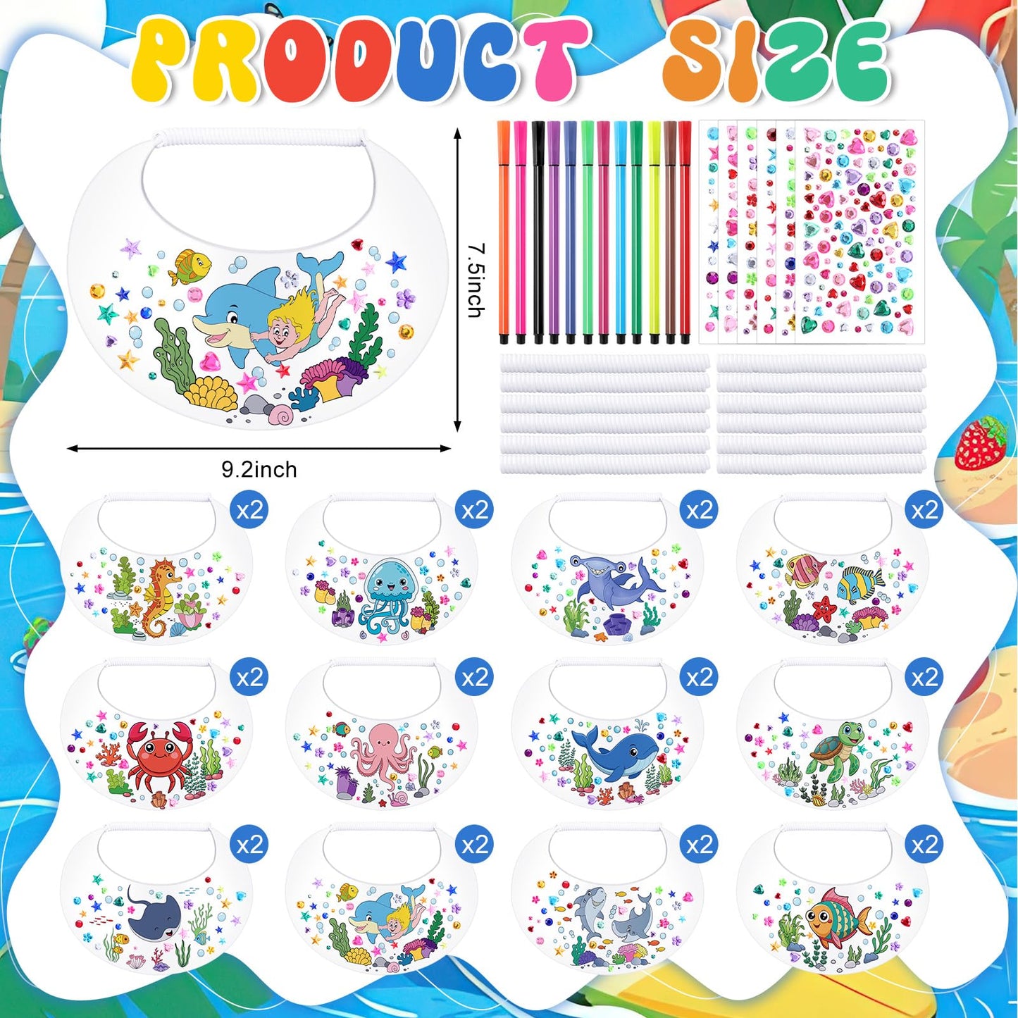 Bonuci 24 Pcs Summer Adjustable Foam Visors Bulk DIY Themed Sun Foam Visors with Markers Rhinestone Stickers Funny Elastic Summer Sun Hat for Crafts Outdoor Sports Party Camping Trips