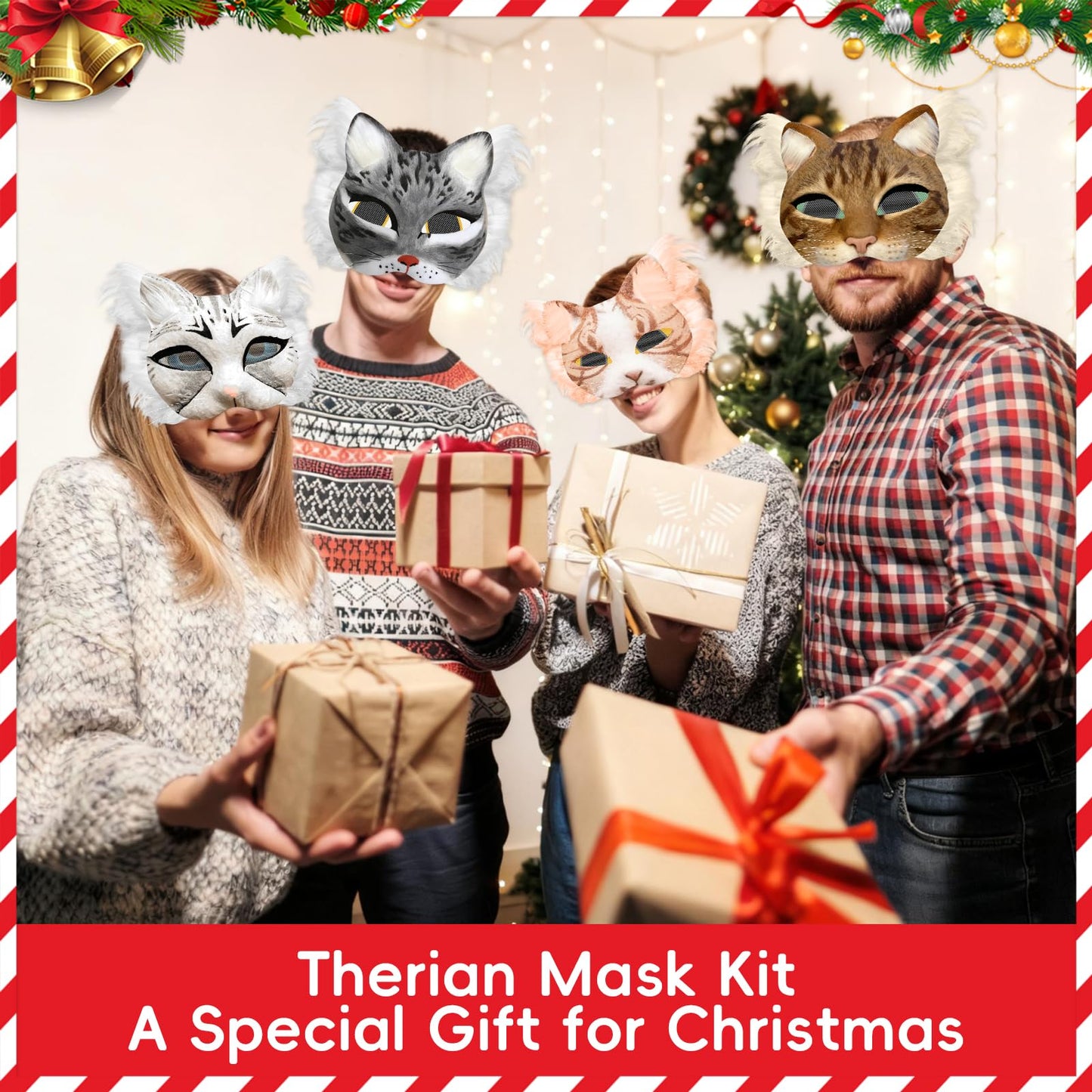 44 PCS Therian Mask Kit Halloween Cat Masks Arts Crafts Kit DIY Furry Masks to Paint Therian Tail Mask Making Kit with Halloween Stickers Gems Stickers Felt Fabric Sheet Fur Eye Mesh