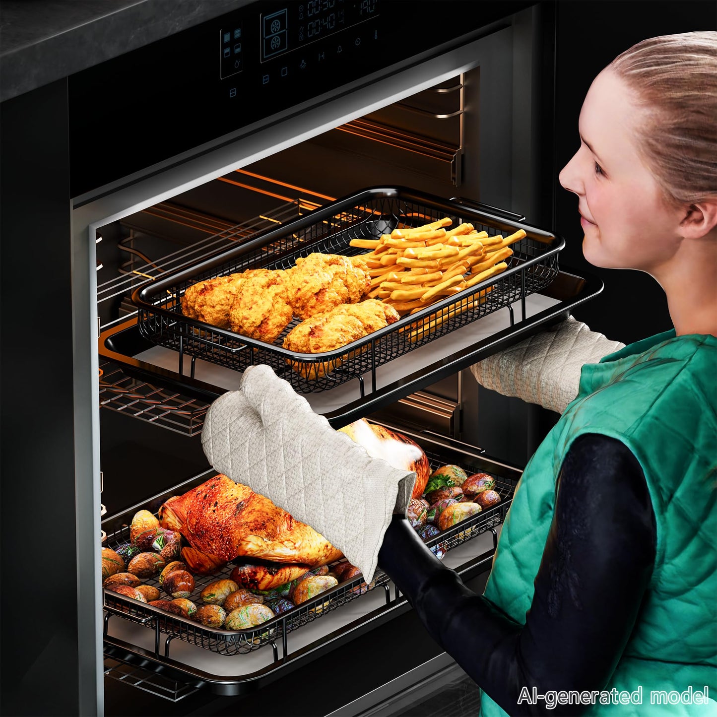 Air Fryer Basket for Oven,2 Set Air Fryer Basket and Tray Set with 60 Sheets Parchment Papers,THORSES Food-Grade Stainless Steel Air Fryer Pan and Crisper Tray-Black Large15"×11"&Medium13.4"×9.6"