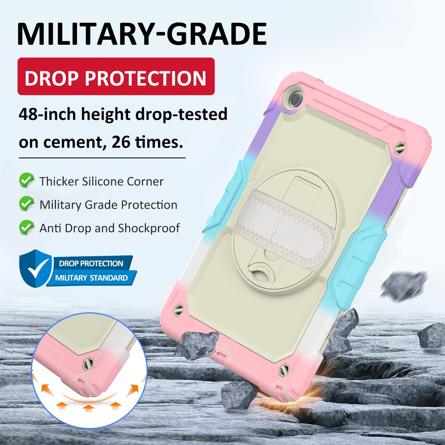 Ambison Case for Samsung Galaxy Tab A9+ 11'' 2023, [Kids Proof] Full Body Protective Case with 9H Tempered Glass Screen Protector, 360° Rotatable Kickstand & Hand Strap (Light Pink)
