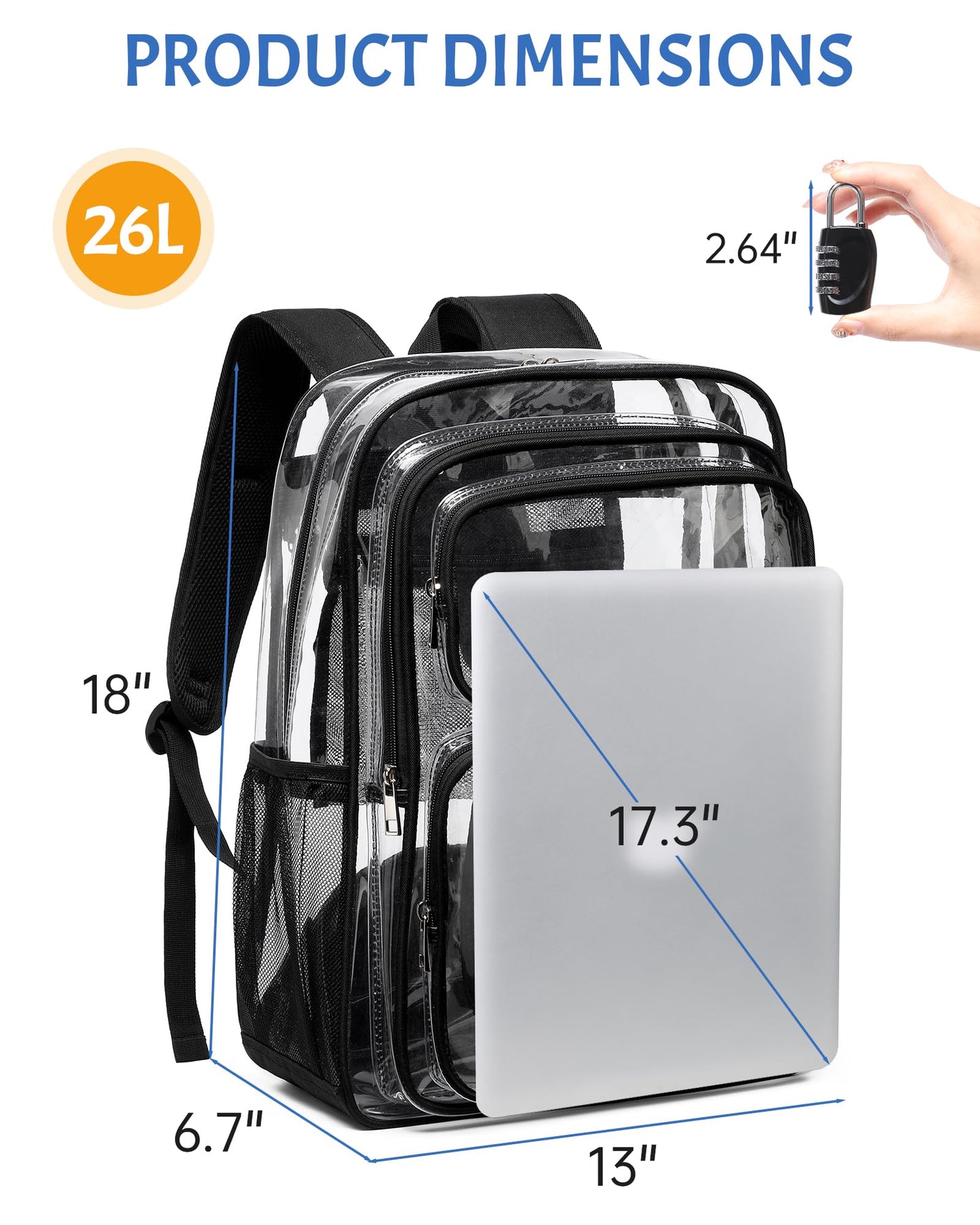 BAVERGE Clear Backpack Heavy Duty -18 Inch Extra Large Bookbag 3 Front Pockets and Lock for Stadium Events, Travel, Work, College, Black