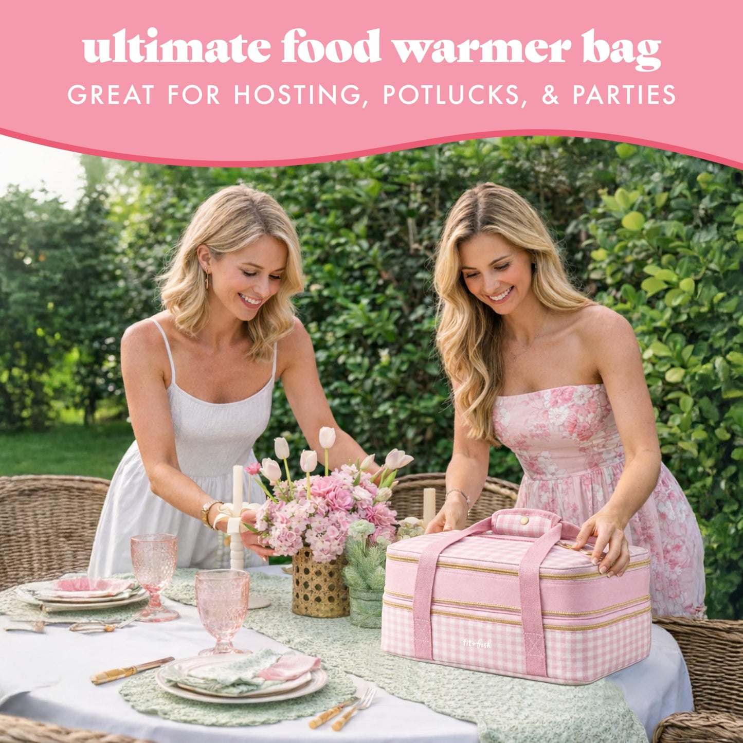 Fit & Fresh Insulated Casserole Carrier - Double Decker Food Carrier Fits Two 9x13 Dishes, Expandable Hot & Cold Food Transport Bag with Zipper Pocket for Potluck, Easter & Travel, Pink Gingham